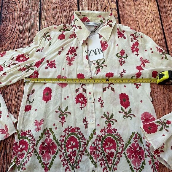 ZARA Women Floral Print Button Down Long Sleeve Shirt Cream Pink Green Size S - Picture 7 of 11